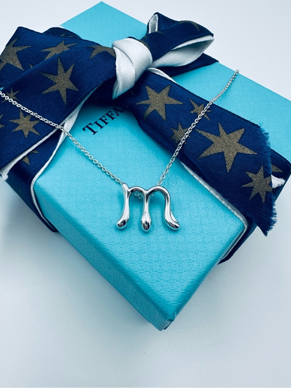 Tiffany & Co. Initial Letter M Necklace in Sterling Silver with Pouch
